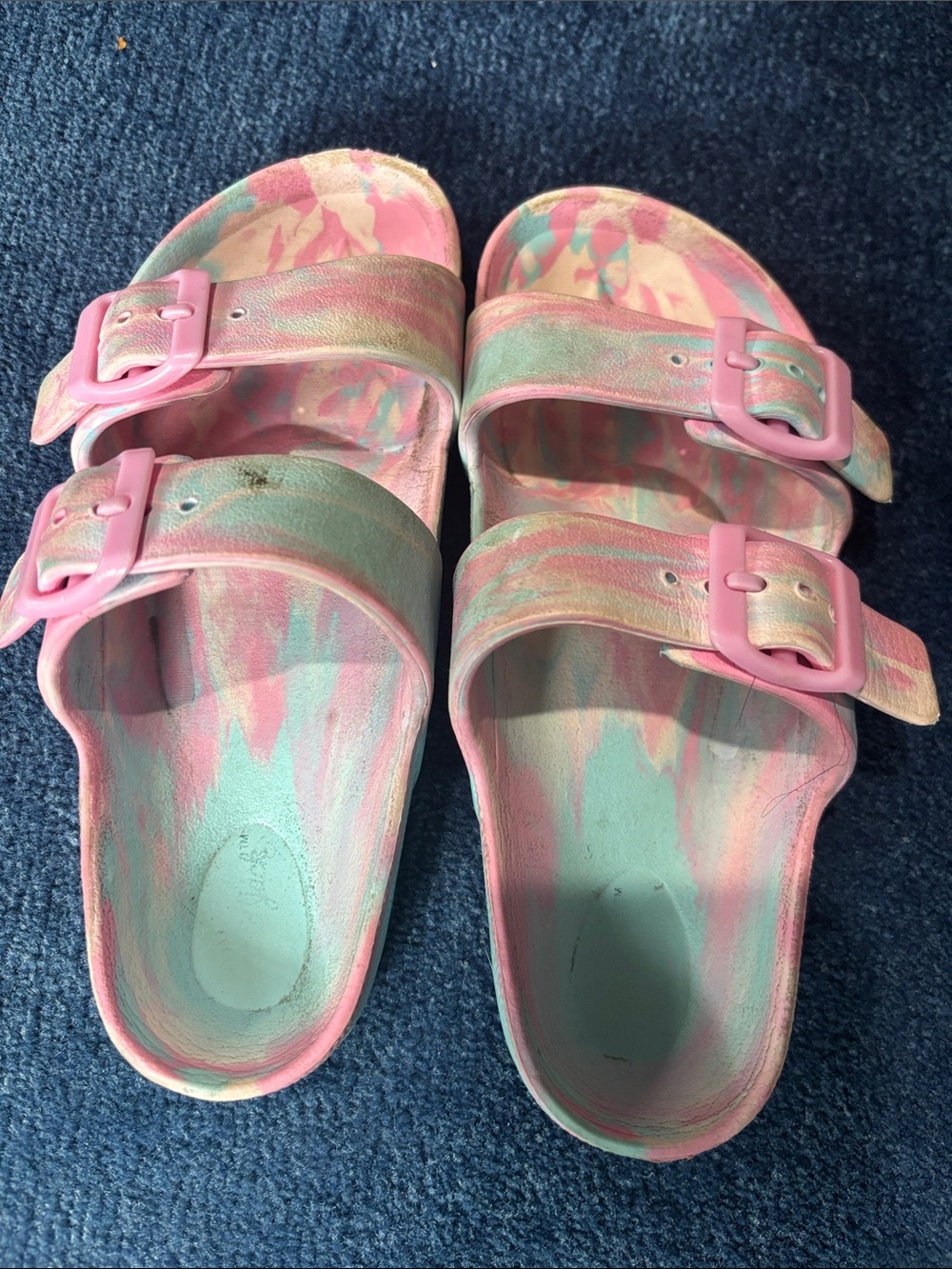 Kids Pastel Tie-Dye Slide Sandals with Pink Buckles cat and Jack Sz 10